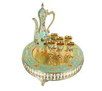 Mipcase Juego de Té Turco Vintage de Metal con Diseño de Castillo Cafetera Repujada Bandeja y Copas de Vino Tinto Set Completo para Reuniones y Celebraciones Casa Color Azul