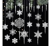 MIPIACE 32 Copos de Nieve de Cristal con 12 Colgante Carámbano 2 Cordón Elástico Copos de Nieve para Árbol de Navidad Copo de Nieve de Carámbanos para Árbol de Navidad Adornos Colgantes Conjuntos