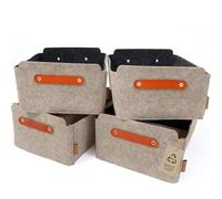 MIQIO Caja de almacenamiento de diseño Miqio® hecha de fieltro | Juego de 4 | Cesta con estante con asa de cuero | Caja de fieltro con elementos de cuero auténtico | beige