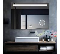MIQU Espejo de baño Bluetooth con Iluminación 100 x 70 cm, Gran Espejo de Pared LED con Toma de Corriente, Regulable en 3 Colores, Aumento 3X, Reloj, Antivaho, Interruptor Táctil