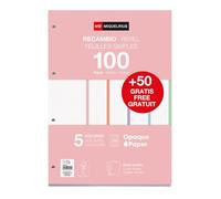 Miquelrius - Bloc de recambio de hojas A4 cuadriculadas 5x5 mm, 150 hojas de 90 g/m² en 5 colores intensos, Con perforaciones estándar para carpeta de anillas, Material escolar