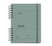 Miquelrius - Agenda 2025 Anual 155x213 mm, Día Página, Cubierta Cartón Forrado, Papel Sostenible 100 g/m², Cierre Goma, Español, Inglés y Portugués, Verde