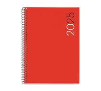 Miquelrius - Agenda 2025 Anual, Día Página, 155x213 mm, Cubierta Flexible Polipropileno, Espiral, Papel 80 g/m², Español, Inglés y Portugués, Color Rojo
