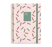 Miquelrius - Agenda 2026 día por página, Similar A5+ (155 x 213 mm), Planificación diaria, Cubierta rígida cartón, Espiral, Cierre goma elástica, Papel 80 g/m², Español-EN-PT, Confeti
