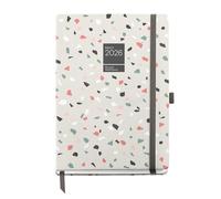 Miquelrius - Agenda 2026 día por página, Similar A5+ (155 x 213 mm), Planificación diaria, Cubierta rígida cartón, Encuadernada, Cierre goma elástica, Papel 80 g/m², Español-EN-PT, Terrazo