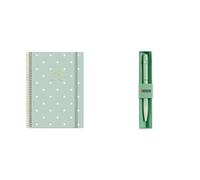 Miquelrius - Agenda 2026 día por página, Similar A5+, Cubierta rígida cartón, Espiral, Cierre goma elástica, Español-EN-PT + Bolígrafo azul giratorio, Boli punta 0.7 mm, Degradado verde