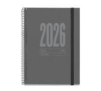 Miquelrius - Agenda 2026 día por página sostenible, Similar A5+ (155 x 213 mm), Planificación diaria, Cubierta reciclada cartón forrado, Papel reciclado 100 g/m², Cierre goma, Español-EN-PT, Grafito