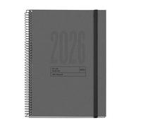 Miquelrius - Agenda 2026 día por página sostenible, Similar A5+ (155 x 213 mm), Planificación diaria, Cubierta reciclada cartón forrado, Papel reciclado 100 g/m², Cierre goma, Español-EN-PT, Grafito