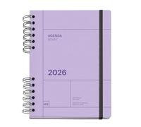 Miquelrius - Agenda 2026 semana vista, Similar A5+ (160.5 x 218 mm), Planificación semanal, Tapa texturizada, Papel 100 g/m², Cierre elástico, Espiral metálico dividido, CAT-EN-PT, Malva