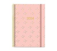 Miquelrius - Agenda Anual 2024, Semana Vista, Tamaño Plus 155 x 213 mm (similar A5), Cubierta rígida, Encuadernación espiral, Cierre con goma, Español, Inglés y Portugués, Minidots con stamping oro
