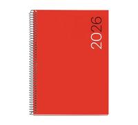 Miquelrius - Agenda día por página 2026, Similar A5+ (155 x 213 mm), Cubierta flexible polipropileno, Espiral, Papel 80 g/m², Planificador diario, ES-EN-PT, Color rojo