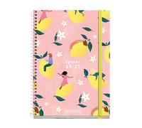 Miquelrius - Agenda Escolar 2024-2025, Septiembre 24 a Junio 25, 155 x 215 mm, Agenda Día Página, Cubierta Cartón Forrado, Agenda 2024 2025, Espiral Metálico Rosa, Catalán e Inglés, Limones