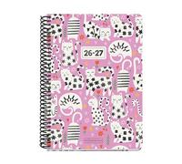 Miquelrius - Agenda escolar 2026 2027 semana vista 10 meses, Tamaño A5+ (15×21,3 cm), Cantos redondeados, Cartón forrado y espiral de plástico negro, Detalles en stamping UVI, Español-EN, Cats