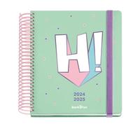 Miquelrius - Agenda Escolar 24-25, Septiembre 2024 a Junio 2025, Tamaño 155 x 180 mm, Día Página, Espiral Plástico Rosa,Cubierta Cartón Forrado, Cierre con Goma, Español-Inglés-Portugés, Back2Fun HI