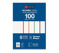 Miquelrius - Bloc Recambio Hojas Sueltas, 5 Franjas de Colores Intensos, 100 Hojas Cuadriculadas de 5 mm, Tamaño A4, Papel 90 g/m², 4 Taladros