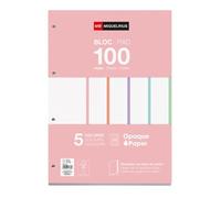 Miquelrius - Bloc de recambio de hojas A4 cuadriculadas 5x5 mm, 100 hojas de 90 g/m² en 5 colores pastel, Con perforaciones estándar para carpeta de anillas, Material escolar