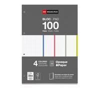 Miquelrius - Bloc Recambio Hojas Encoladas, 4 Franjas de Colores Intensos, 100 Hojas Cuadriculadas de 5 mm, Tamaño A4, Papel 70 g/m², 4 Taladros