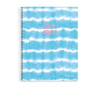 Miquelrius - Cuaderno A4, 140 hojas 70 g/m², Cuadrícula 5 x 5 mm, 4 franjas de color, Tapa dura plastificada, Diseño Tie Dye Azul Cielo, GO FOR IT