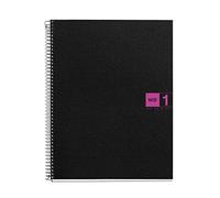 Miquelrius - Cuaderno A4 Cuadriculado, 80 Hojas, Negro/Fucsia | Tapa Flexible de Polipropileno, Banda de Color, 70 g/m², Espiral Coil-Lock, Microperforado, 4 Taladros, Notebook The Original