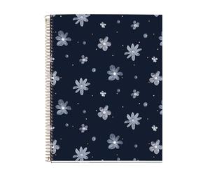 Miquelrius - Cuaderno A4 cuadriculado, Cuadrícula 5 mm, 100 Hojas de 70 g/m², Cubierta de cartón con detalles dorados, 4 Franjas de color, Espiral cobre, Colección Midnight Secrets, Flores azules