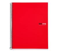 Miquelrius - Cuaderno A4 Notebook The Original, 6 franjas de colores, Cubierta polipropileno opaco, Tamaño 210 x 297 mm, 4 Taladros, 150 Hojas de 70 g/m², Cuadrícula de 5 mm, Color Rojo