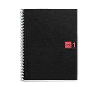 Miquelrius - Cuaderno A4 Notebook The Original, 80 Hojas de 70 g/m² y 1 Franja de Color, Rayado Cuadrícula 5 mm, 4 Taladros, Cubierta de Polipropileno, Color Negro/Rojo