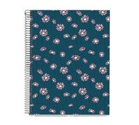Miquelrius - Cuaderno A4 rayado, Rayas horizontales 7 mm, 100 Hojas de 70 g/m², Cubierta de cartón, 4 Franjas de color, Espiral negro, Colección Happy Daisies, Margaritas azules