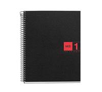 Miquelrius - Cuaderno Notebook The Original, Tamaño A5, 80 Hojas de 70 g/m² y 1 Franja de Color, Rayado Cuadrícula 5 mm, 2 Taladros, Cubierta de Polipropileno, Color Negro/Rojo