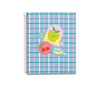 Miquelrius - Cuaderno A5 Cuadriculado, 100 Hojas de 70 g/m², Cubierta de Cartón Rígido, 4 Franjas de Color Multiasignatura, Espiral, 2 Taladros para Archivar, Notebook Happy Fruits