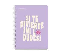 Miquelrius - Cuaderno A5 Cuadriculado 5 mm, 100 Hojas de 90 g/m², 1 Franja de Color, Cubierta de Cartón Duro, 2 Taladros para Archivar, Notebook Messages Lavanda