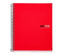 Miquelrius - Cuaderno A5 cuadriculado 5 mm, 150 hojas con 6 bandas de colores, Papel extra opaco 70 g/m², Tapas polipropileno resistente con 2 taladros, Notebook The Originals, Rojo