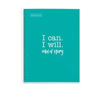 Miquelrius, Cuaderno Notebook Messages, 1 Franja de Color, 80 Hojas Cuadriculadas de 5 mm, Papel 90 g, 4 Taladros, Cubierta de Cartón Duro, Color Turquesa