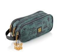 Miquelrius - Estuche Escolar Triple con Asa, Portatodo Reciclado con 3 Compartimentos, Cremalleras de Plástico, Tiradores de Cuerda, Llavero Gato, Vuelta al Cole, 21 x 6 x 10,5 cm, Not Boring Verde