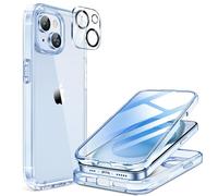Miracase Funda para iPhone 15 de 360° de cuerpo completo con protector de pantalla de vidrio integrado y protector de cámara, funda militar a prueba de golpes 15 de 6.1 pulgadas, azul transparente