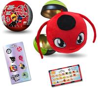 Miraculous Ladybug, juguete coleccionable cápsula 4-1, Miraball sorpresa: Kwami de felpa elástica, Bola de metal con imágenes de los personajes, Pegatinas con purpurina, Cinta para colgar