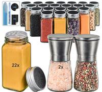 MIRAMARLINE Set 24pcs Botes Especias Cristal 120 ml + 2 Molinillo Pimienta - Tarros Especias - Spice Jars -Botes para Especias, Etiquetas, Tamiz, Rotulador y Cepillo para Limpieza