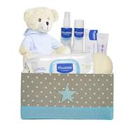 Mirifarma Canastilla Bebé Junior | Cesta Bebé Regalo con Caja Multiusos Estrella y Peluche Osito | Gel Dermolimpiador, Colonia Bebé, Crema Bálsamo, Toallitas Suavizantes y Esponja de Baño (Azul)