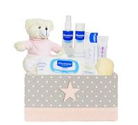 Mirifarma Canastilla Bebé Junior | Cesta Bebé Regalo con Caja Multiusos Estrella y Peluche Osito | Gel Dermolimpiador, Colonia Bebé, Crema Bálsamo, Toallitas Suavizantes y Esponja de Baño (Rosa)