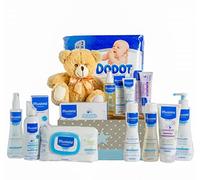 Mirifarma Canastilla Bebé Super Pack | Cesta Regalo Bebé y Recien Nacido | Higiene y Baño con Peluche Osito Beige, Gel, Champú, Colonia, Bálsamo, Aceite Masaje, Toallitas y Pañales (Azul)