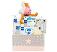 Mirifarma Canastilla Bebé Supreme | Cesta Regalo Recién Nacido | Incluye Caja Multiusos, Peluche Cigüeña, Gel, Champú, Colonia, Crema, Hidratante, Esponja, Cepillo y Peine, Toallitas y Pañales (Rosa)