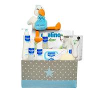 Mirifarma Canastilla Bebé Supreme | Cesta Regalo Recién Nacido | Incluye Caja Multiusos, Peluche Cigüeña, Gel, Champú, Colonia, Crema, Hidratante, Esponja, Cepillo y Peine, Toallitas y Pañales (Azul)