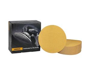 Mirka Gold Papel de lija universal Ø 150mm, autoadhesivo, grano P120, 100 piezas, Para lijar yeso, masilla, aglomerado, madera, barniz