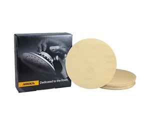 Mirka Gold Papel de lija universal Ø 150mm, autoadhesivo, grano P400, 100 piezas, Para lijar yeso, masilla, aglomerado, madera, barniz