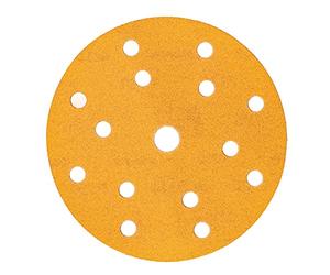 Mirka Gold Papel de lija universal Ø 150mm Discos de lija con cierre adhesivo de 15 agujeros, grano P120, 100 piezas/Para lijar yeso, masilla, aglomerado, madera, barniz