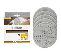 Mirka Iridium papel de lija Premium Ø 150mm Velcro 121-agujero, grano 120, 10 piezas / Para lijar laca, masilla, imprimación, madera, acero, materiales minerales, plásticos