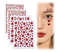 MIRKUZI Tatuajes temporales, 4 pegatinas autoadhesivas para el rostro con purpurina y diamantes de imitación, ideales para fiestas, cosplay, bailes y cumpleaños (rojas)