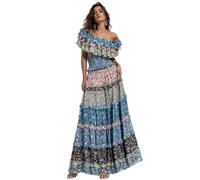 Miro Boho Chic Conjunto Dalias 7 Mujer Seda Boho Chic Elegante Verano Conjunto Maxi Fluido con Volantes Diseño Bohemio Mediterranean Style Dress L XL, Azul