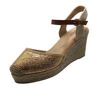 Miro Travel Wear Boho Chic Cuñas Alpargatas Mujer Plataforma Yute Sandalias Mujer Cuñas De Esparto con Encaje Y Correa De Tobillo Zapatos Novia Alpargatas Boda. Bohemien (Dorado, 38)
