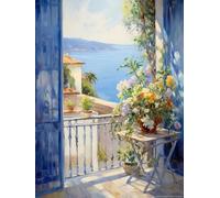 MIRONS Kits de Punto de Cruz Estampados, Alféizar De La Ventana Junto Al Mar,E,50 * 70cm 11CT Set Kits Bordado Punto de Cruz Kit Completo Hilo y Tela Impreso Contado Patrones a Mano Hacer faciles