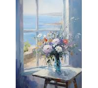MIRONS Kits de Punto de Cruz Estampados, Alféizar De La Ventana Junto Al Mar,I,50 * 70cm 11CT Kit de Bordado Punto de Cruz Contado, Gama Completa de Kits de Inicio de Bordado para Principiantes
